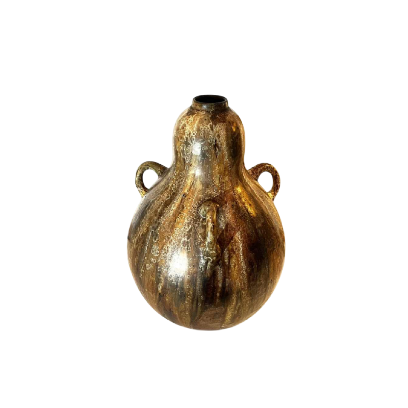 ROGER GUERIN, brown Art Nouveau 'colocynth' vase with three handles, large-fired salted stoneware, Bouffioulx ca 1920