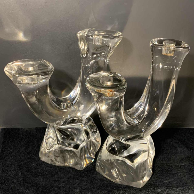 DAUM France " Verseau" Pair of Candlesticks / Candelabras Brutalist Crystal 1950