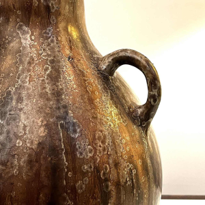 ROGER GUERIN, brown Art Nouveau 'colocynth' vase with three handles, large-fired salted stoneware, Bouffioulx ca 1920