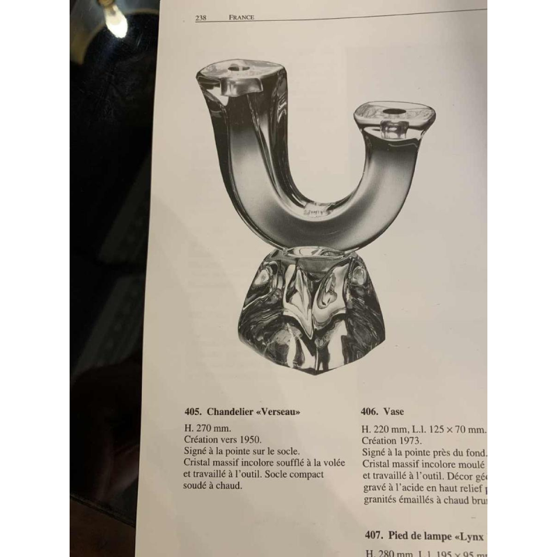 DAUM France "Verseau" Paire de Chandeliers / Bougeoirs, Cristal Brutaliste, 1950