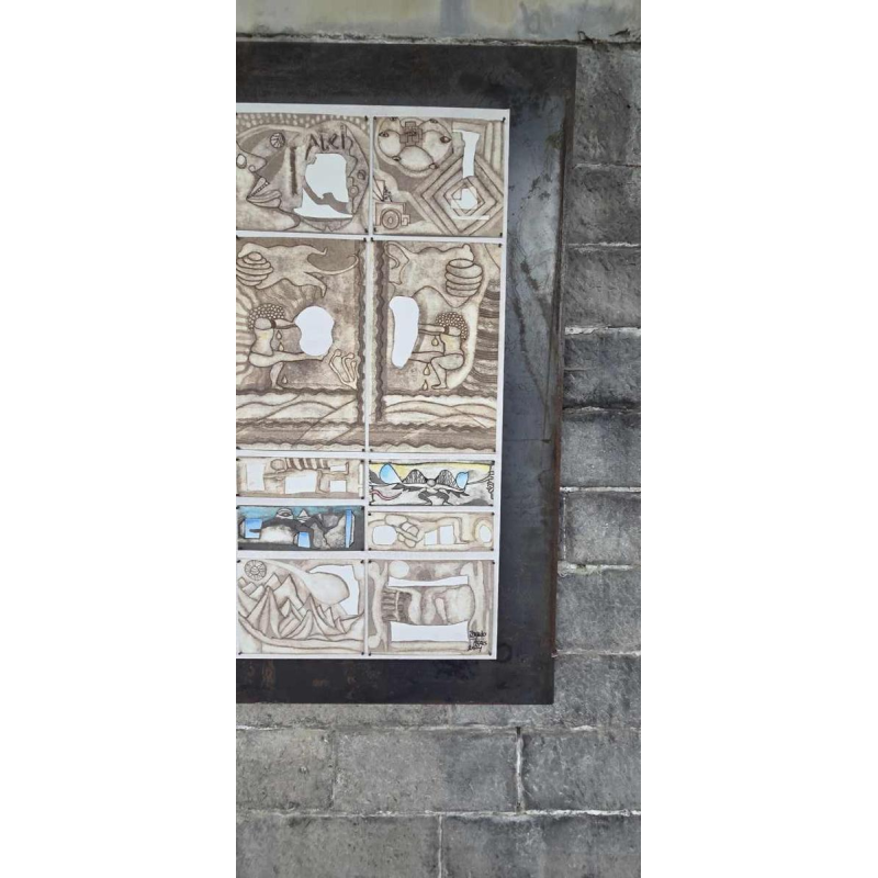 Osvaldo Torres “Primitieve BD nr.2” schilderij op papier gemonteerd op corten, 2024