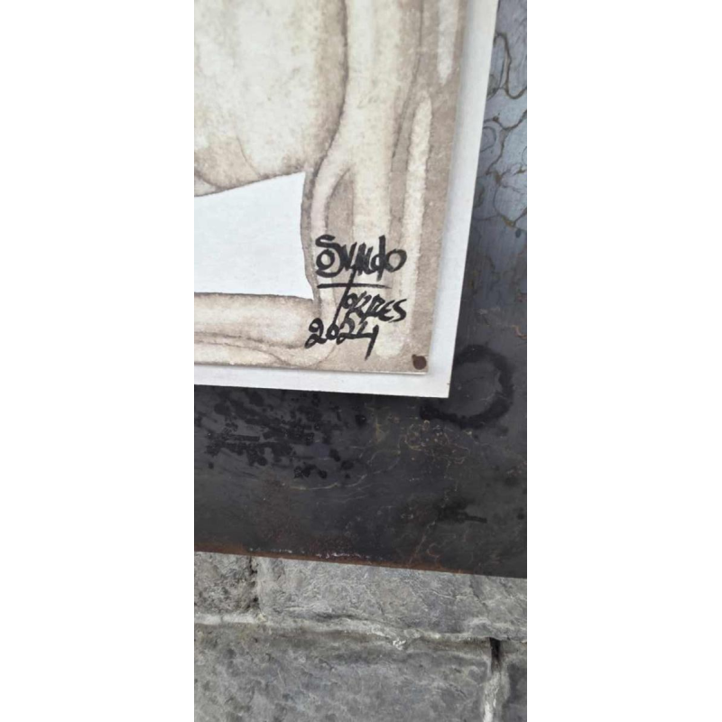 Osvaldo Torres “Primitieve BD nr.2” schilderij op papier gemonteerd op corten, 2024