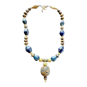 Necklace of very old glass beads, including a central JATIM or PELANGI bead in 4 colours