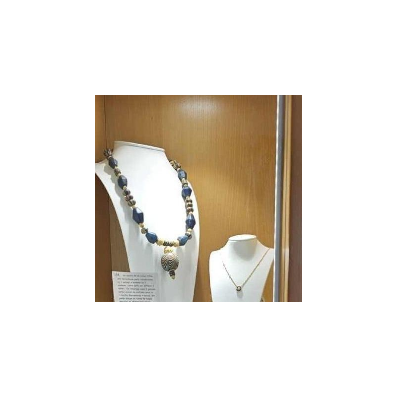 Necklace of very old glass beads, including a central JATIM or PELANGI bead in 4 colours