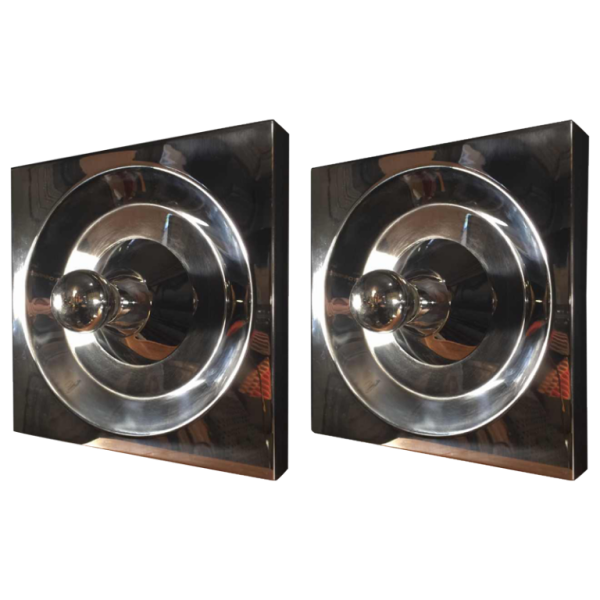 Klaus Hempel, Kaiser Leuchten, pair of "Optic Art" steel wall lights, 1970