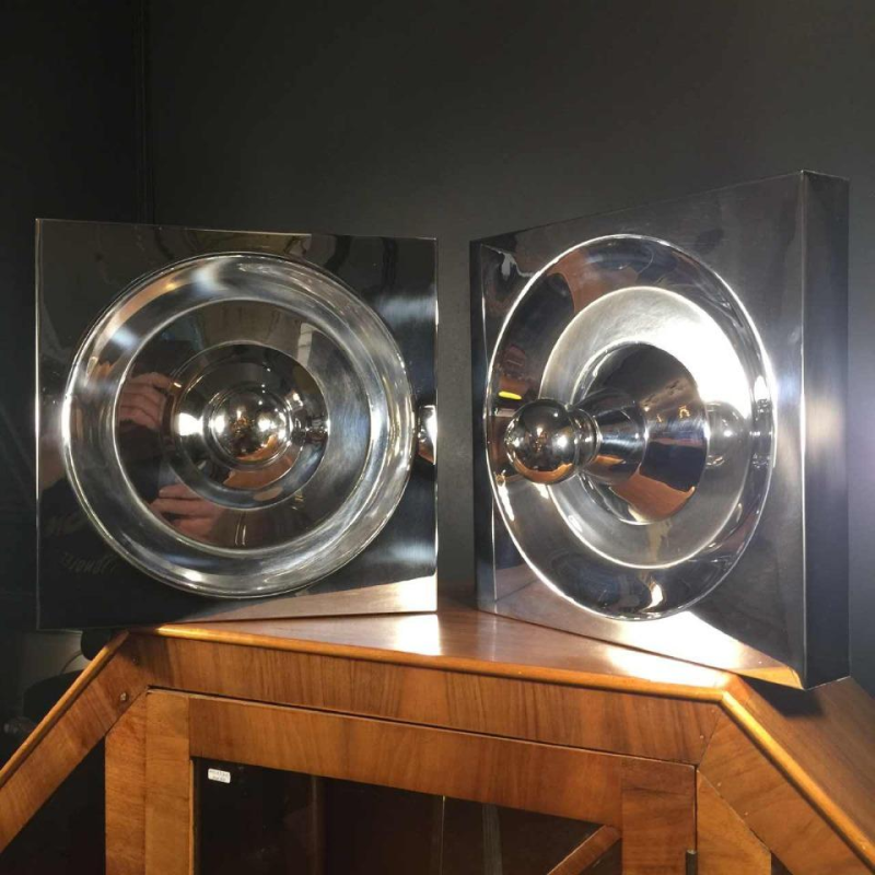 Klaus Hempel, Kaiser Leuchten, pair of "Optic Art" steel wall lights, 1970