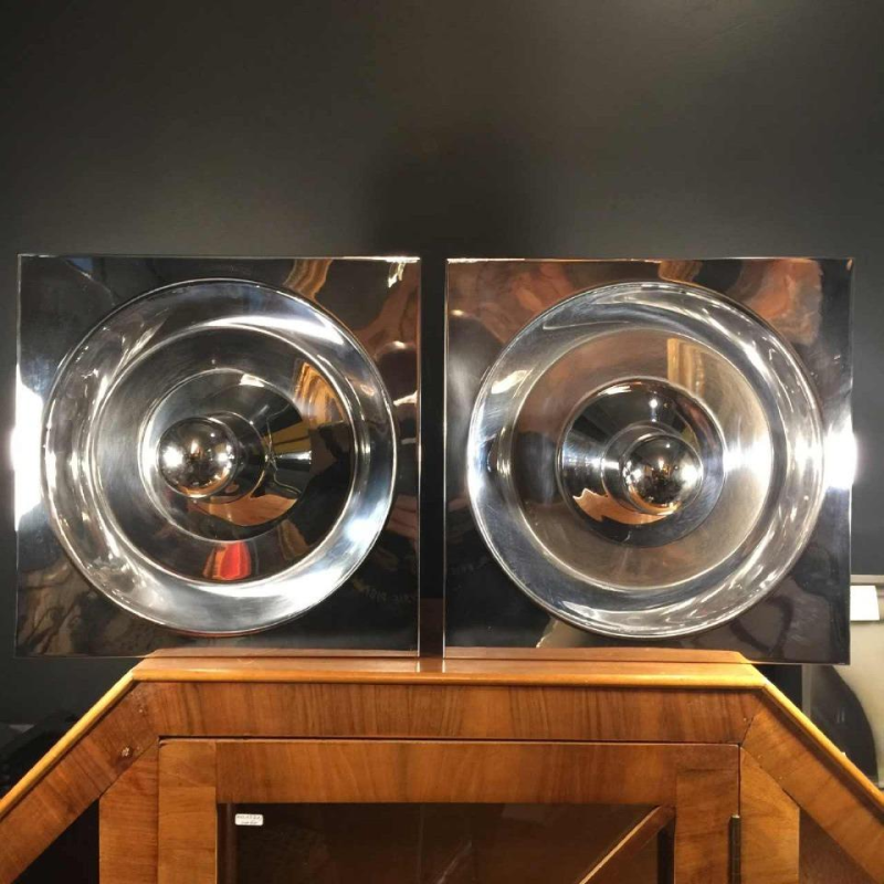 Klaus Hempel, Kaiser Leuchten, pair of "Optic Art" steel wall lights, 1970