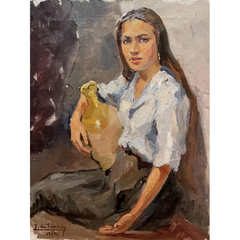 Ellen de Tombay (1918-1998): « Jeune fille à la jarre » hst datée 1964