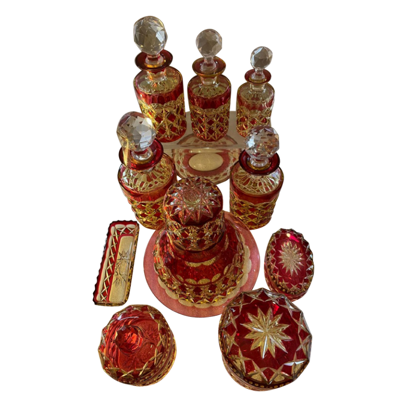 Val Saint-Lambert cristal urane doublé rouge rare important ensemble de toilette