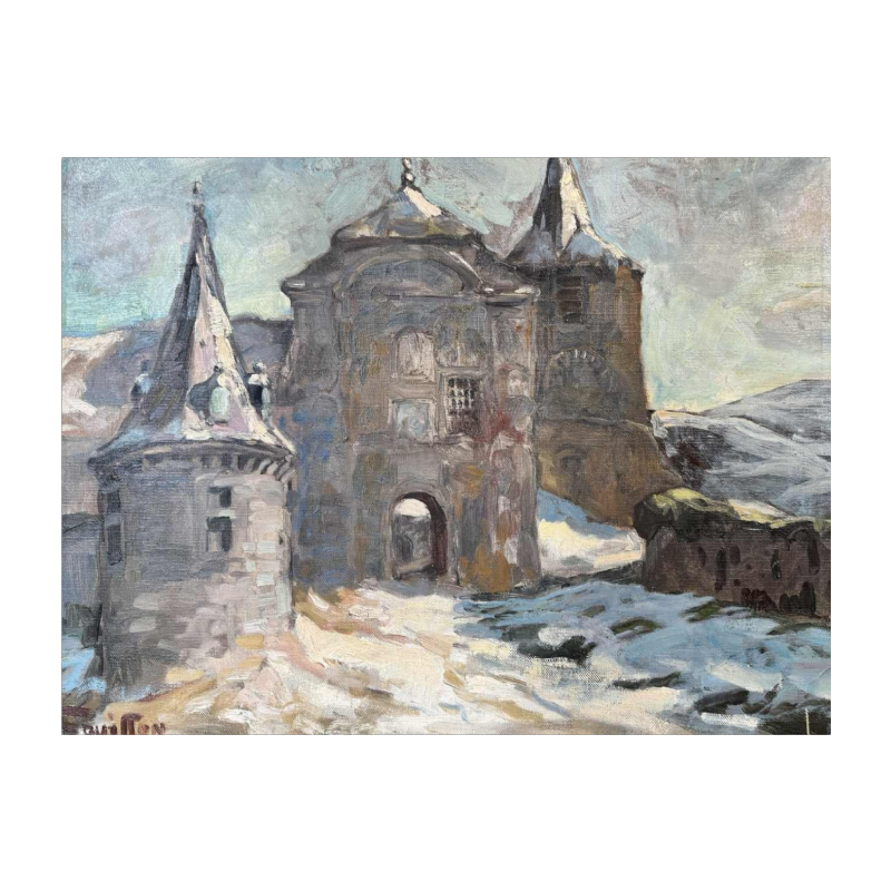 Georges BOUILLON 'hâteau sous la neige en Ardenne' schilderij olieverf op doek, ca 1930