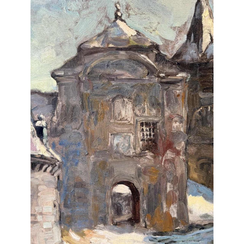 Georges BOUILLON 'hâteau sous la neige en Ardenne' peinture huile sur toile, ca 1930