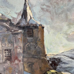 Georges BOUILLON 'hâteau sous la neige en Ardenne' schilderij olieverf op doek, ca 1930