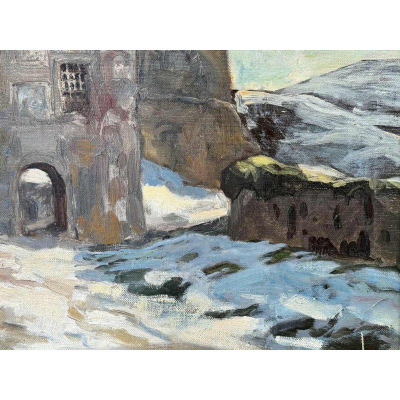 Georges BOUILLON 'hâteau sous la neige en Ardenne' peinture huile sur toile, ca 1930