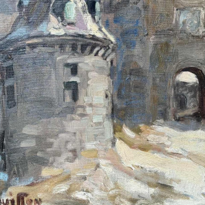 Georges BOUILLON 'hâteau sous la neige en Ardenne' peinture huile sur toile, ca 1930