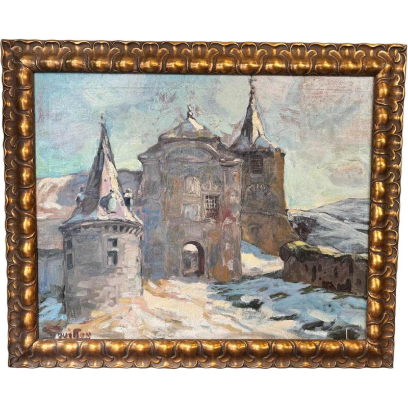 Georges BOUILLON 'hâteau sous la neige en Ardenne' peinture huile sur toile, ca 1930