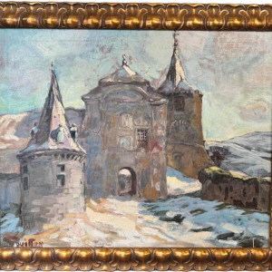 Georges BOUILLON 'hâteau sous la neige en Ardenne' peinture huile sur toile, ca 1930