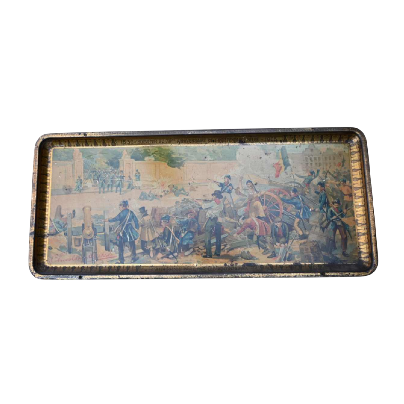 Tinnen bakje met “Michiels chocolade“ reclame 1905, 75 jaar onafhankelijkheid