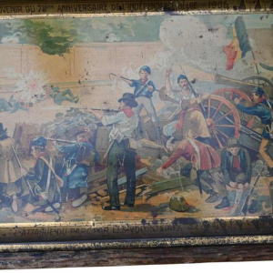 Plateau publicitaire en tôle « Chocolat Michiels » 1905, 75 ans d'indépendance