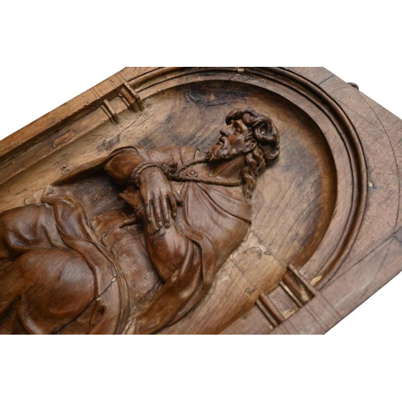 Christ on the cold stone, carved wood panel, 17th century