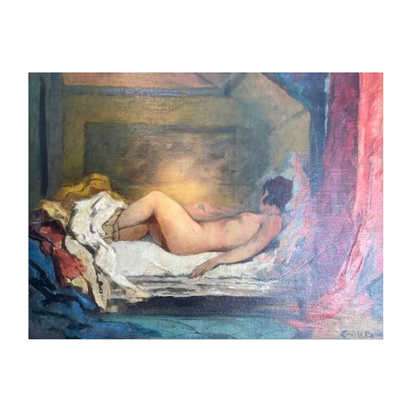 Emile Baes 'Femme nue allongée' peinture huile sur toile, ca 1900