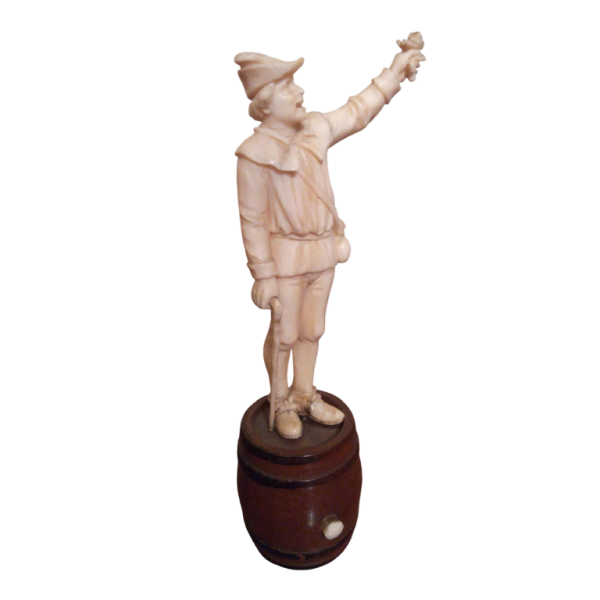 "Man with a rose" ivory figure sculpture, wooden barrel base, Nuremberg 18th c