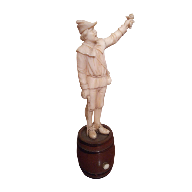 "L'homme à la rose" sculpture personnage en ivoire, socle tonneau en bois, Nuremberg XVIIIe s