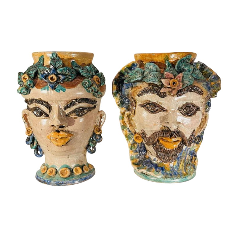 Caltagirone Sicilia “Moor's Head“ ceramic (clay) planters and vases, Italy mid-20th century