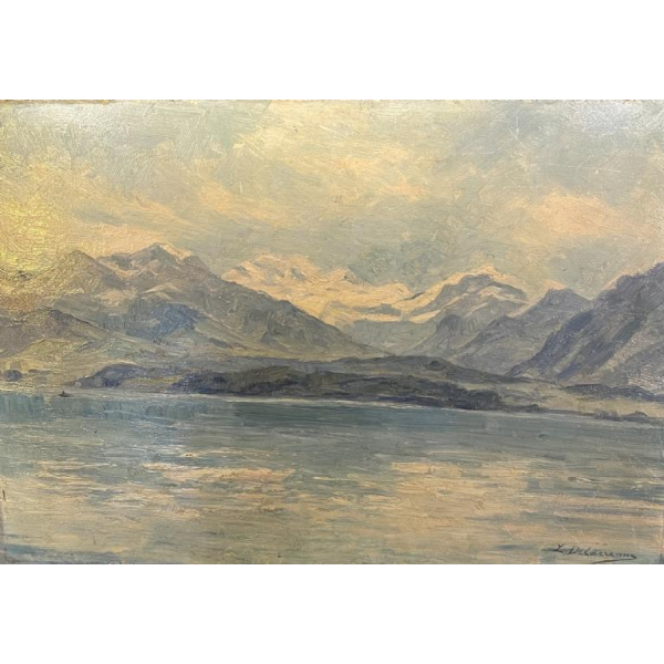 DELDERENNE LEON, Oil Painting "Landscape lake snowy mountains", ca 1910