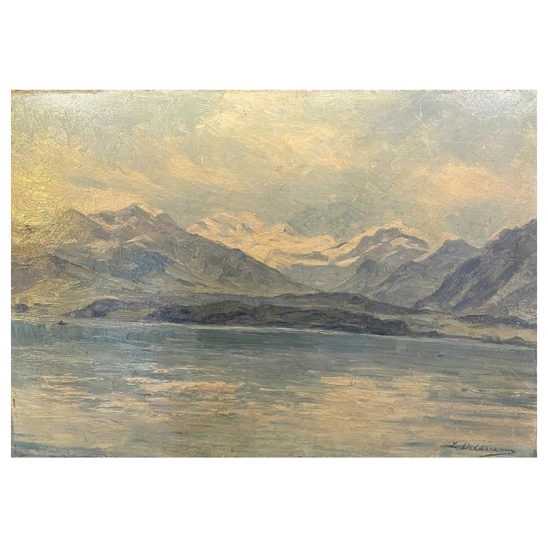 DELDERENNE LEON, Tableau Huile " Paysage lac montagnes enneige´es ", ca 1910