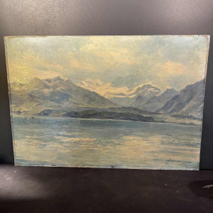 DELDERENNE LEON, Oil Painting "Landscape lake snowy mountains", ca 1910