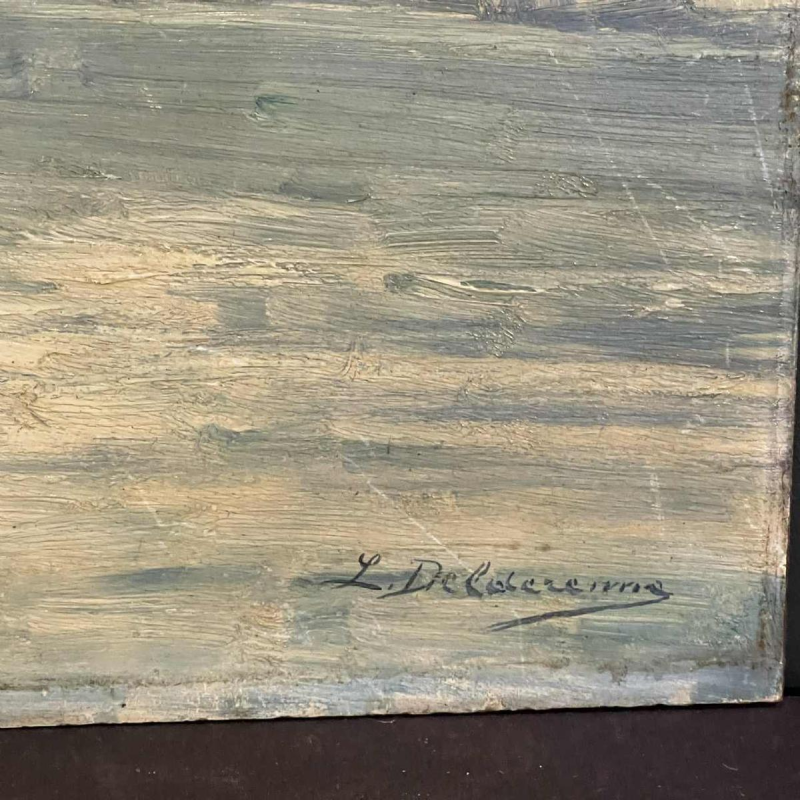 DELDERENNE LEON, Tableau Huile " Paysage lac montagnes enneige´es ", ca 1910