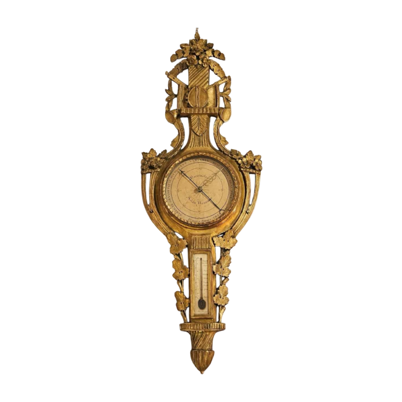 Baromètre selon Reaumur en bois sculpté doré par H. Calais, Bruges XVIIIe s