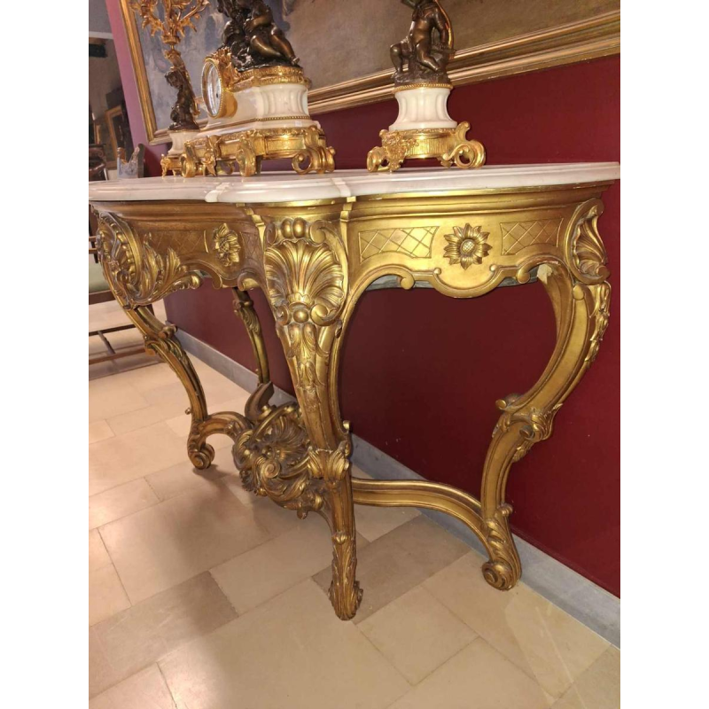 Vergulde console / muurplanter, wit marmeren plank, laat 19de eeuw