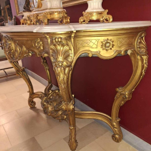 Vergulde console / muurplanter, wit marmeren plank, laat 19de eeuw