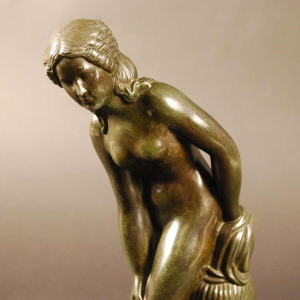 Just Andersen " Naked woman " Danish sculpture, disko metal bronze patina 1925s