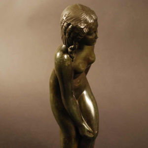 Just Andersen " Naked woman " Danish sculpture, disko metal bronze patina 1925s