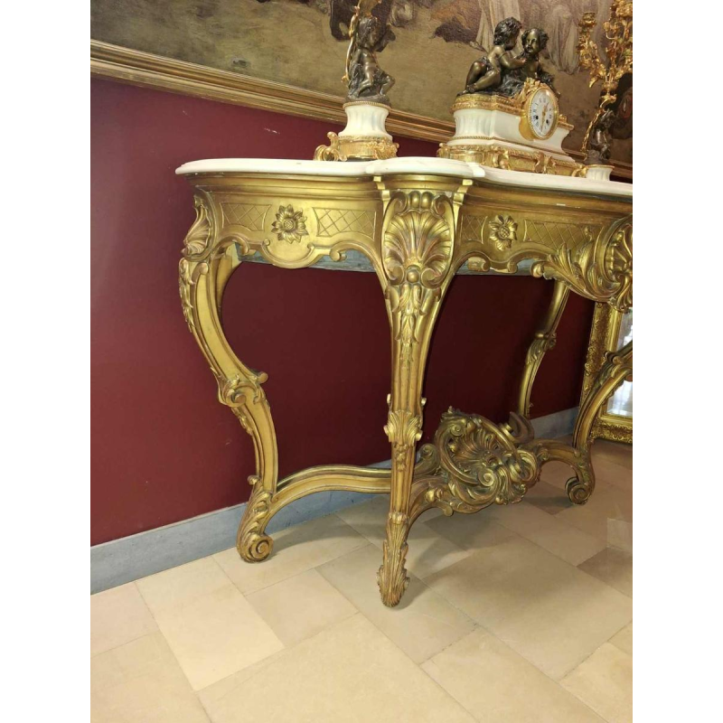 Console / jardinière murale dorée, tablette en marbre blanc, fin XIXe s