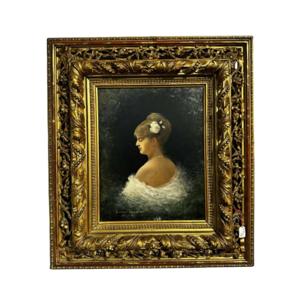 Georges Croegaert 'Elegant woman with a rose' painting oil on panel, 19th century