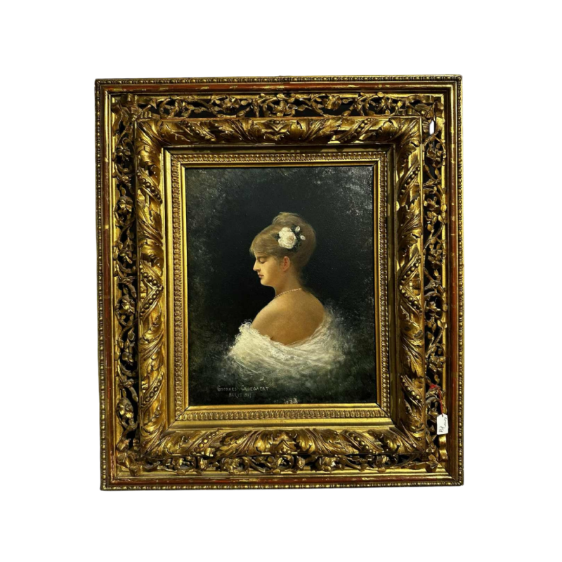 Georges Croegaert 'Elegante vrouw met een roos' schilderij olieverf op paneel, 19e eeuw