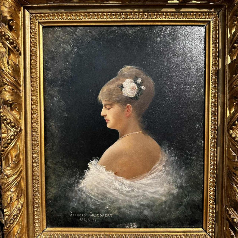 Georges Croegaert 'Élègante à la Rose' tableau huile sur panneau, XIXe s