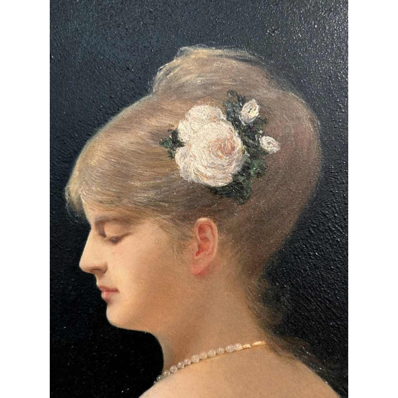 Georges Croegaert 'Elegante vrouw met een roos' schilderij olieverf op paneel, 19e eeuw