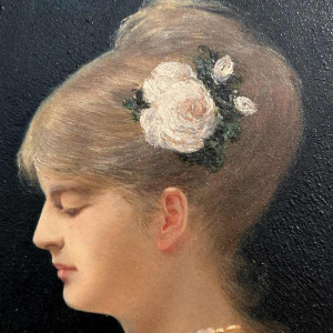 Georges Croegaert 'Elegante vrouw met een roos' schilderij olieverf op paneel, 19e eeuw