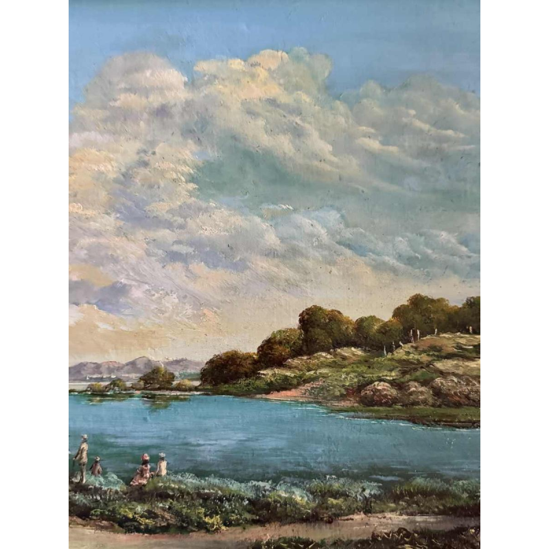 Willy PANNIER “Ontspanning aan de rand van het water“ schilderij, olieverf op paneel