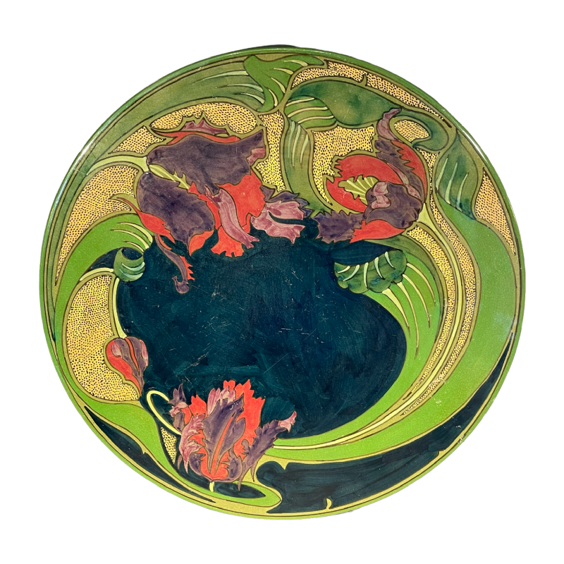 ZUID HOLLAND PLATEELBAKKERIJ " WM ", Grand Plat Art Nouveau Céramique, ca 1910