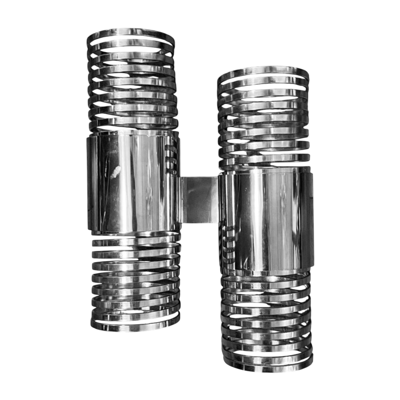 Pair of ' Spiral / Spring ' wall light sconces, chromed steel, Space Age ca 1970