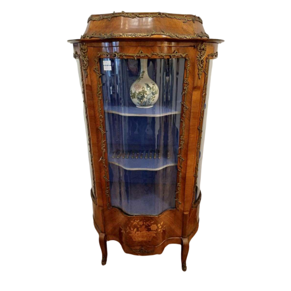 Louis XV style display cabinet, walnut veneer and marquetry, bronze fittings and curved glass, late 19th century