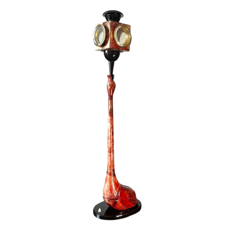 ALDO TURA, lampe a` poser / lampadaire 'Oiseau', parchemin peau de che`vre rouge laque´, Italie ca 1950