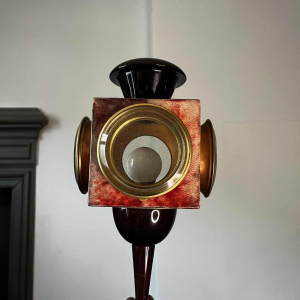 ALDO TURA, 'Oiseau' tafel / staande lamp, gelakt rood geitenleer perkament, Italië ca 1950