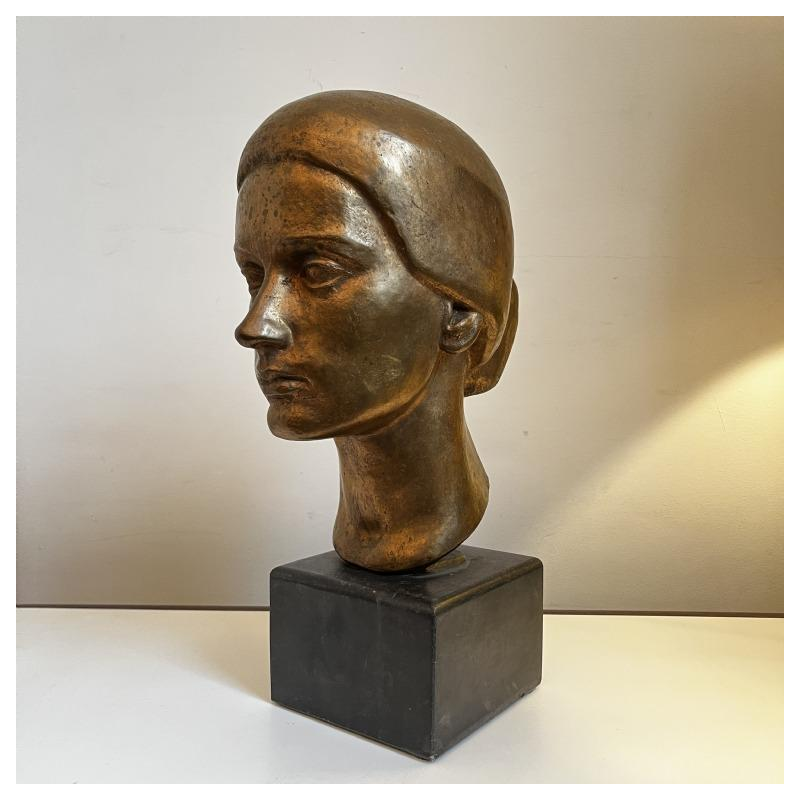 ROBERT DELNEST  Woman's face  sculpture portrait / bust in bronze 1961