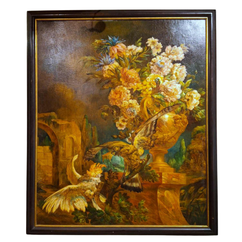 Tableau “Paysage décoratif avec faucon et cacatoès“ huile sur toile, XIXe s